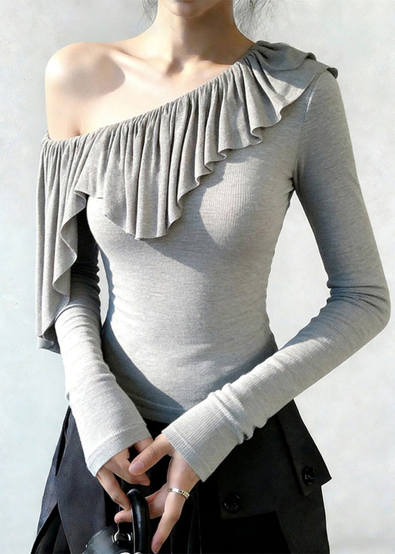 Grey One Shoulder Ruffles Cotton Top Spring