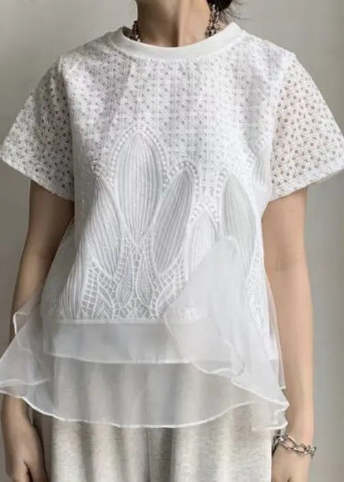 White Patchwork Organza Tops Embroideried Summer