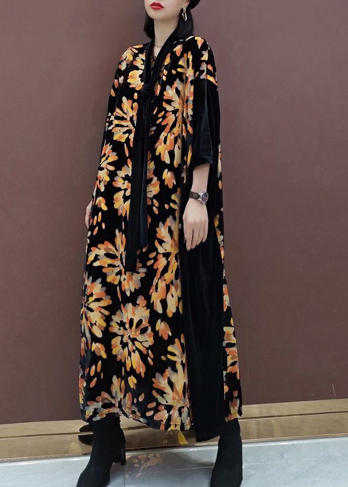 Natural V Neck Patchwork Spring Tunics for Fabrics Black Print Kaftan Dress