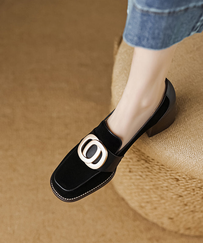 Black Retro Chunky Suede Simple Splicing Metal Buckle