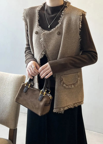 Coffee Knit Vest Tops Tasseled U Neck Sleeveless
