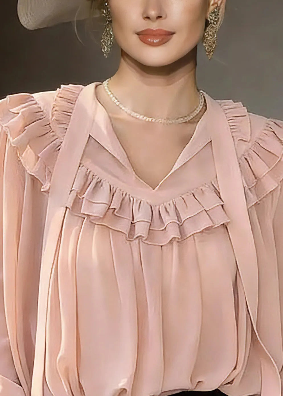 Modern Pink V Neck Ribbon Shirts Lantern Sleeve