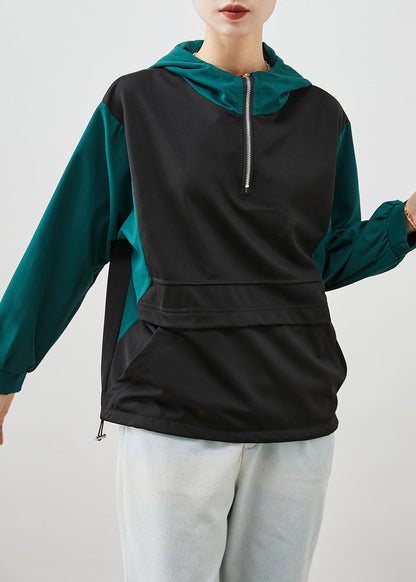 Black Zip Up Patchwork Drawstring Cotton Sweatshirts Top Fall