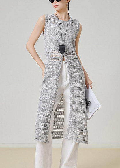 Grey O-neck Hollow Out Long Knit Cardigans Sleeveless