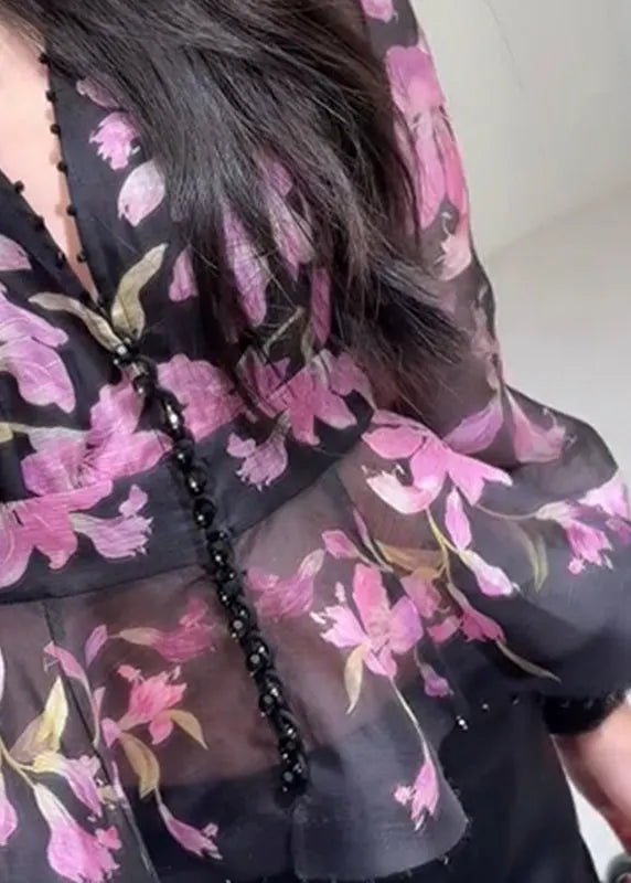 Black V Neck Print Top Lantern Sleeve