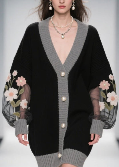Stylish Black V Neck Tulle Patchwork Knit Cardigans Fall
