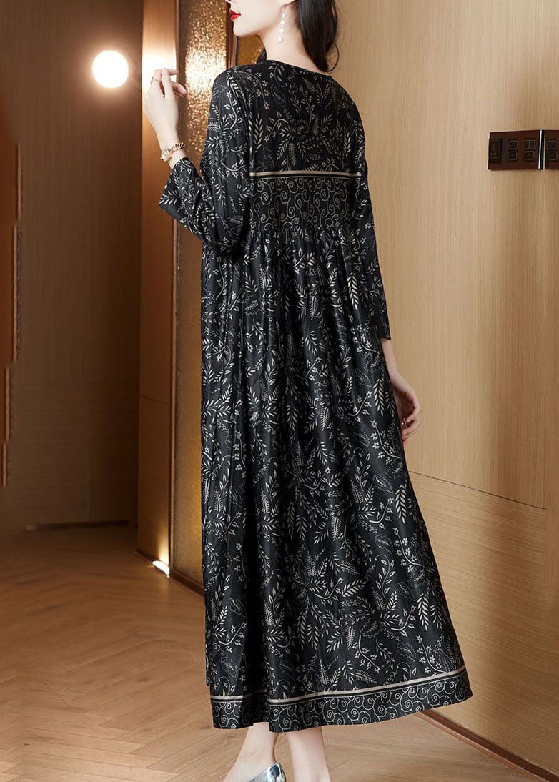 Black O-neck Print Silk Robe Dresses Spring