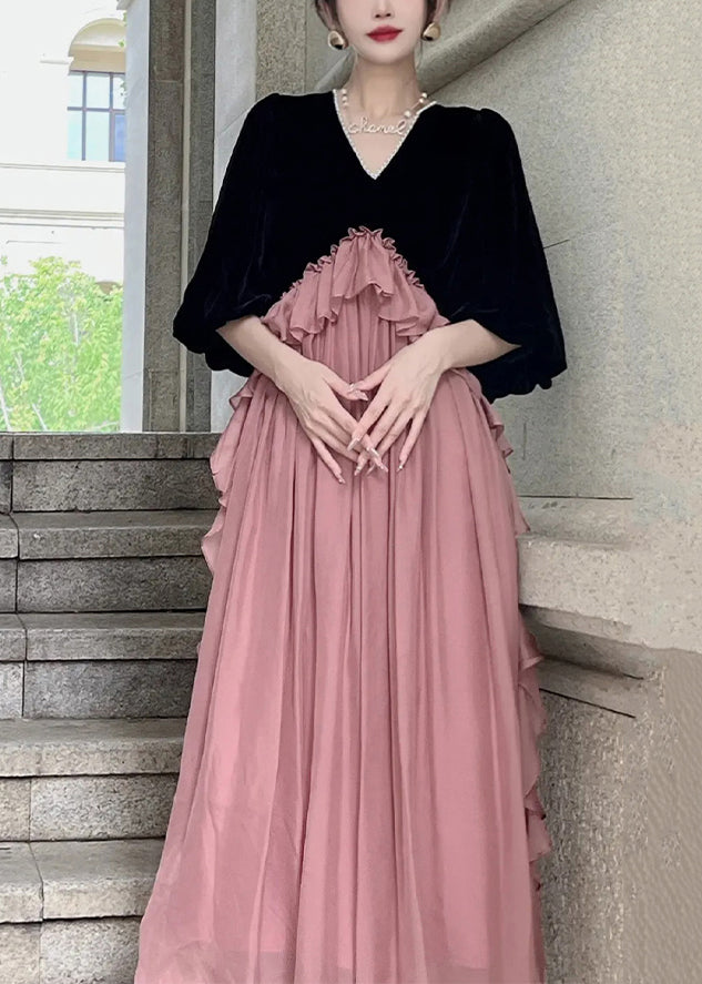 Loose Black Ruffled Patchwork Silk Velour Dresses Puff Sleeve