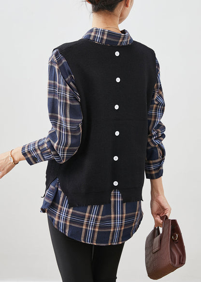 Style Black Plaid Knit Vest and Shirt Two Pieces Set Fall