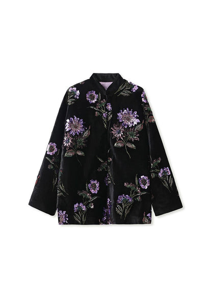 Chinese Style Black Embroidered Sequins Fine Cotton Filled Coat Spring