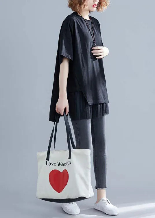 Boutique Black O Neck Tulle Patchwork Cotton T Shirt Short Sleeve