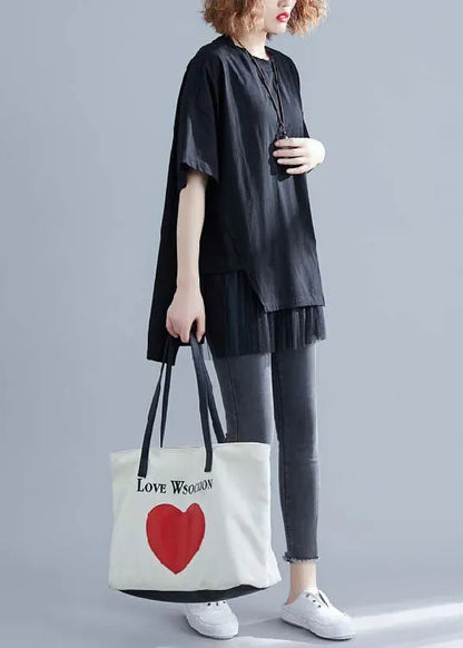 Boutique Black O Neck Tulle Patchwork Cotton T Shirt Short Sleeve
