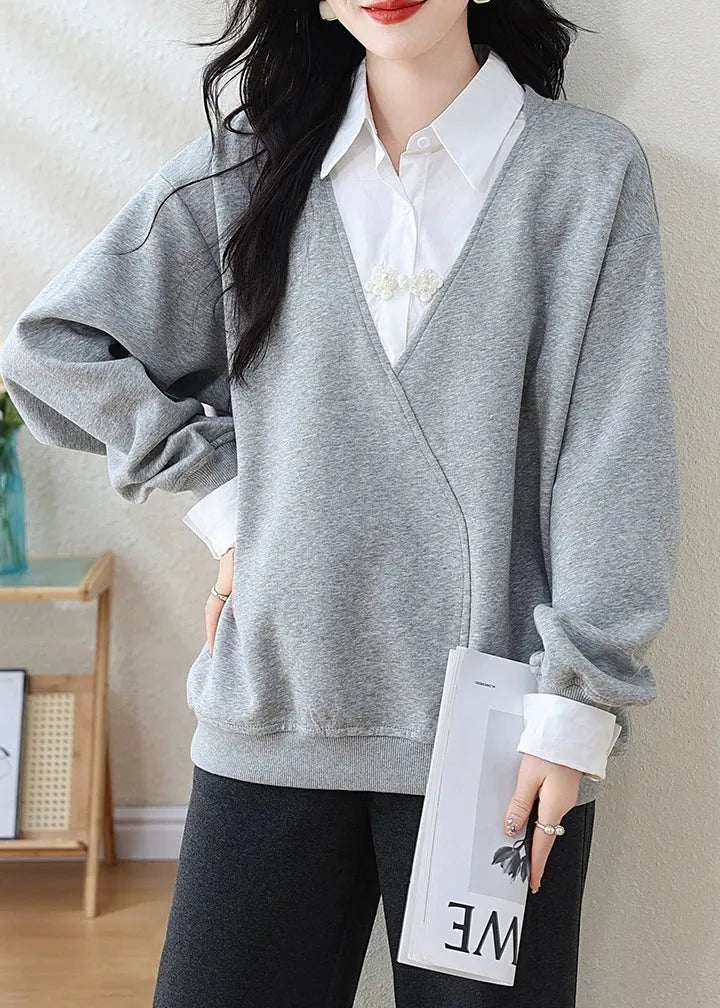 Grey Peter Pan Collar False Two Pieces Patchwork Cotton Sweatshirt Fall