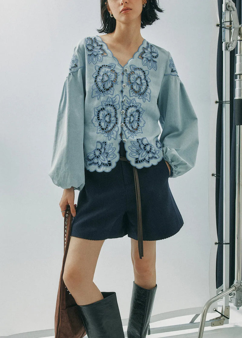 French Blue V Neck Hollow Out Cotton Shirt Top Fall