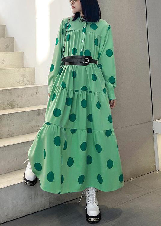 Stylish Green Dot Button Long Sleeve Dress Spring