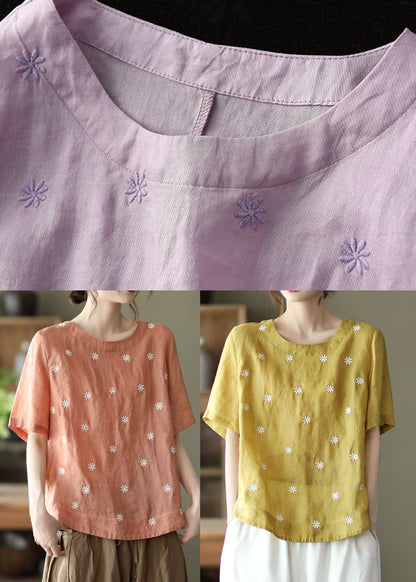 Light Purple Embroideried Linen Shirts Short Sleeve