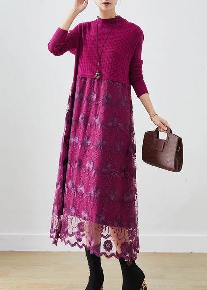 French Purple Embroideried Patchwork Knit Vacation Dresses Fall