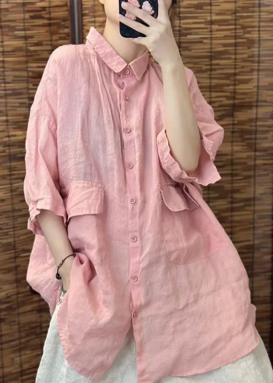 Red Oversized Pockets Linen Blouses Summer