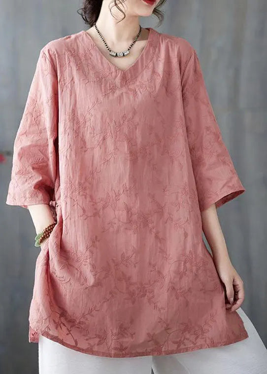 Loose Pink V Neck Embroidered Cotton Top Bracelet Sleeve