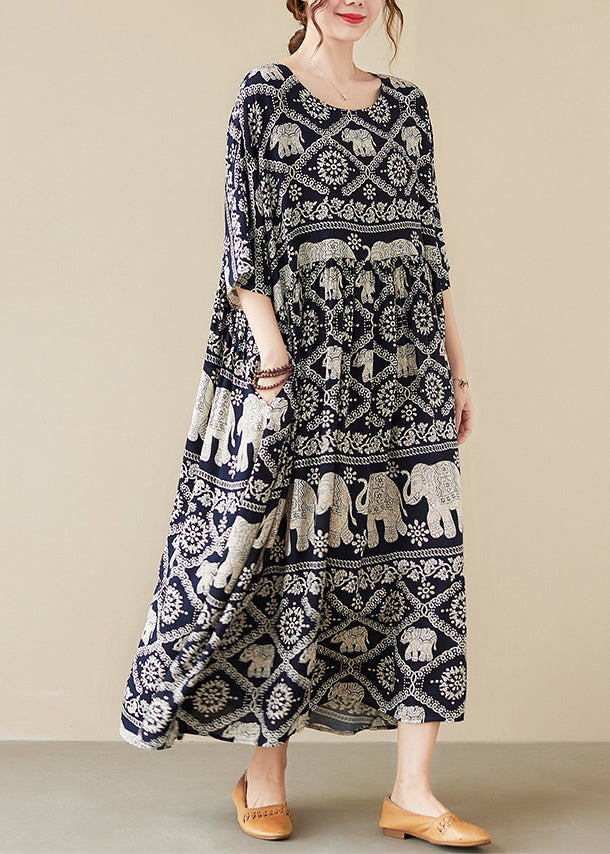 Loose Black O-neck Print Maxi Cotton Dress Half Sleeve Summer