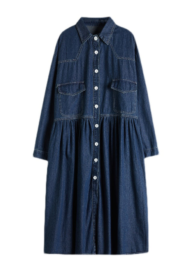 Navy Peter Pan Collar Button Pockets Wrinkled Denim Dress Spring