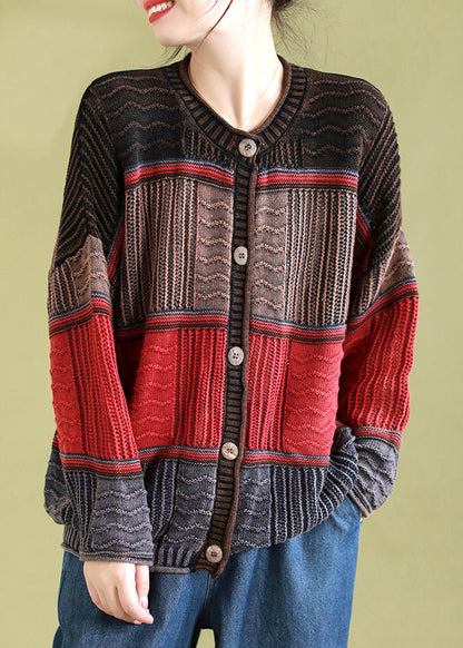 Red Patchwork Knit Cardigan O Neck Button Spring