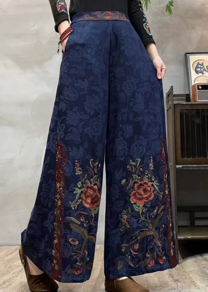 Style Navy Embroidered Cotton Wide Leg Pants Spring