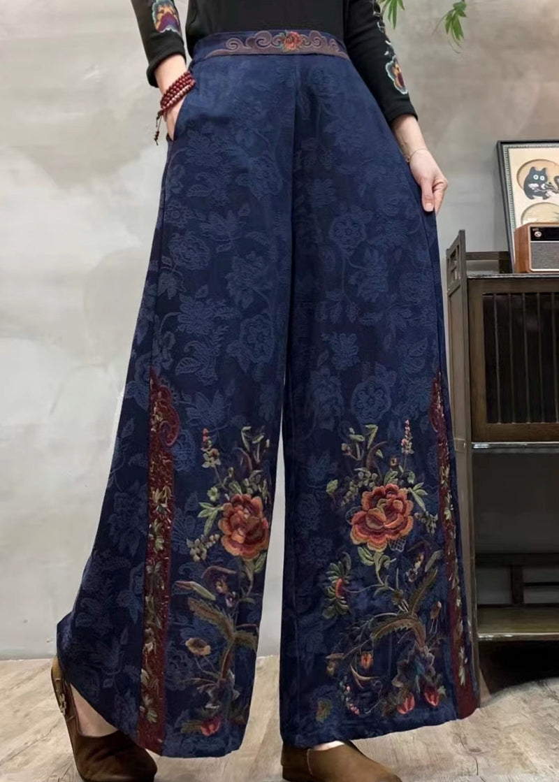 Style Navy Embroidered Cotton Wide Leg Pants Spring