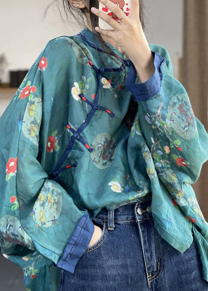Loose Gray Bamboo Button Print Patchwork Cotton Shirts Long Sleeve