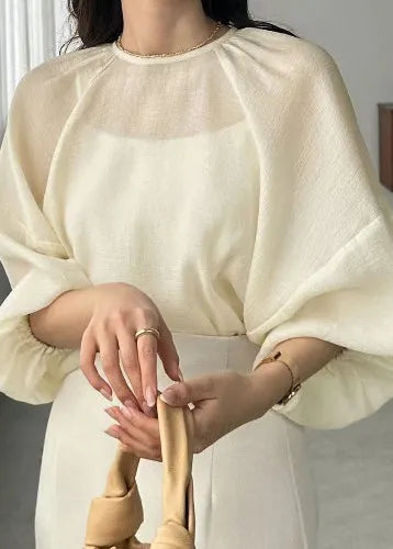 Beige Oversized Chiffon Sheer Top Batwing Sleeve