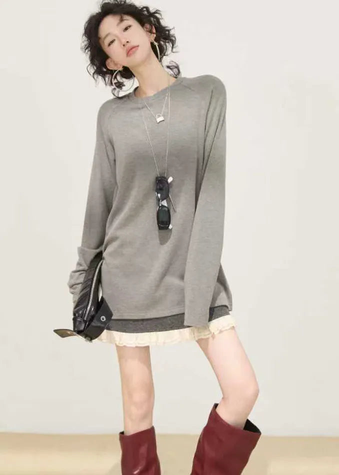 Loose Grey O-neck Tie Dye Cotton Shirt Spring