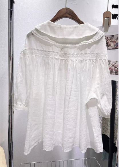 Blue Peter Pan Collar Lace Cotton Blouses Half Sleeve Fall