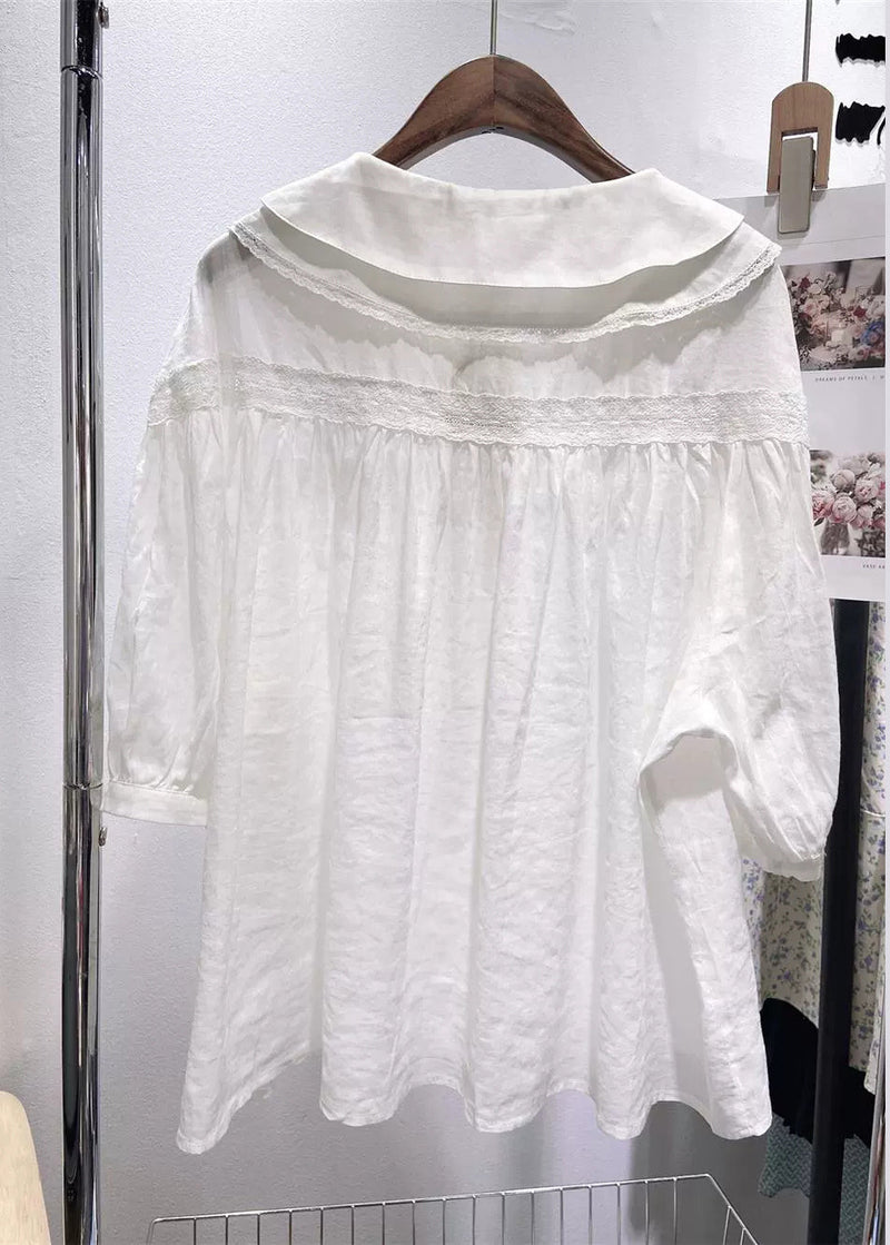 Blue Peter Pan Collar Lace Cotton Blouses Half Sleeve Fall