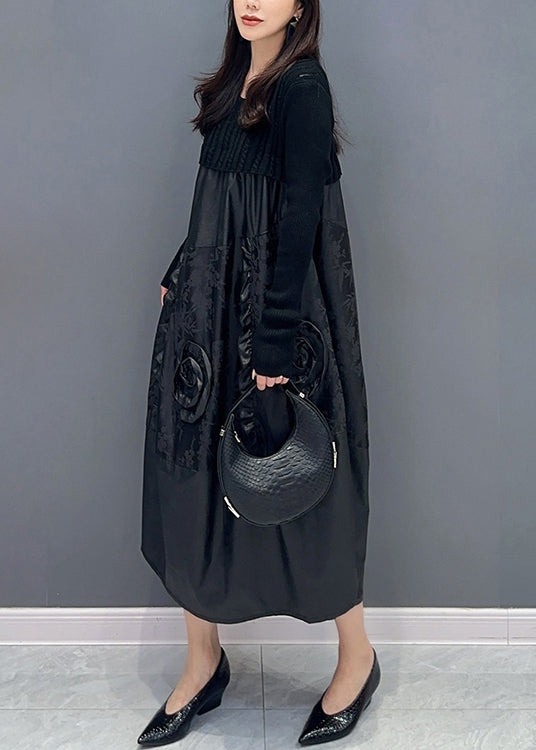 Black Ruffled Knit Patchwork Faux Leather Dress Fall