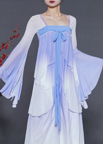 Silm Fit Blue Tasseled Gradient Color Chiffon Top Flare Sleeve