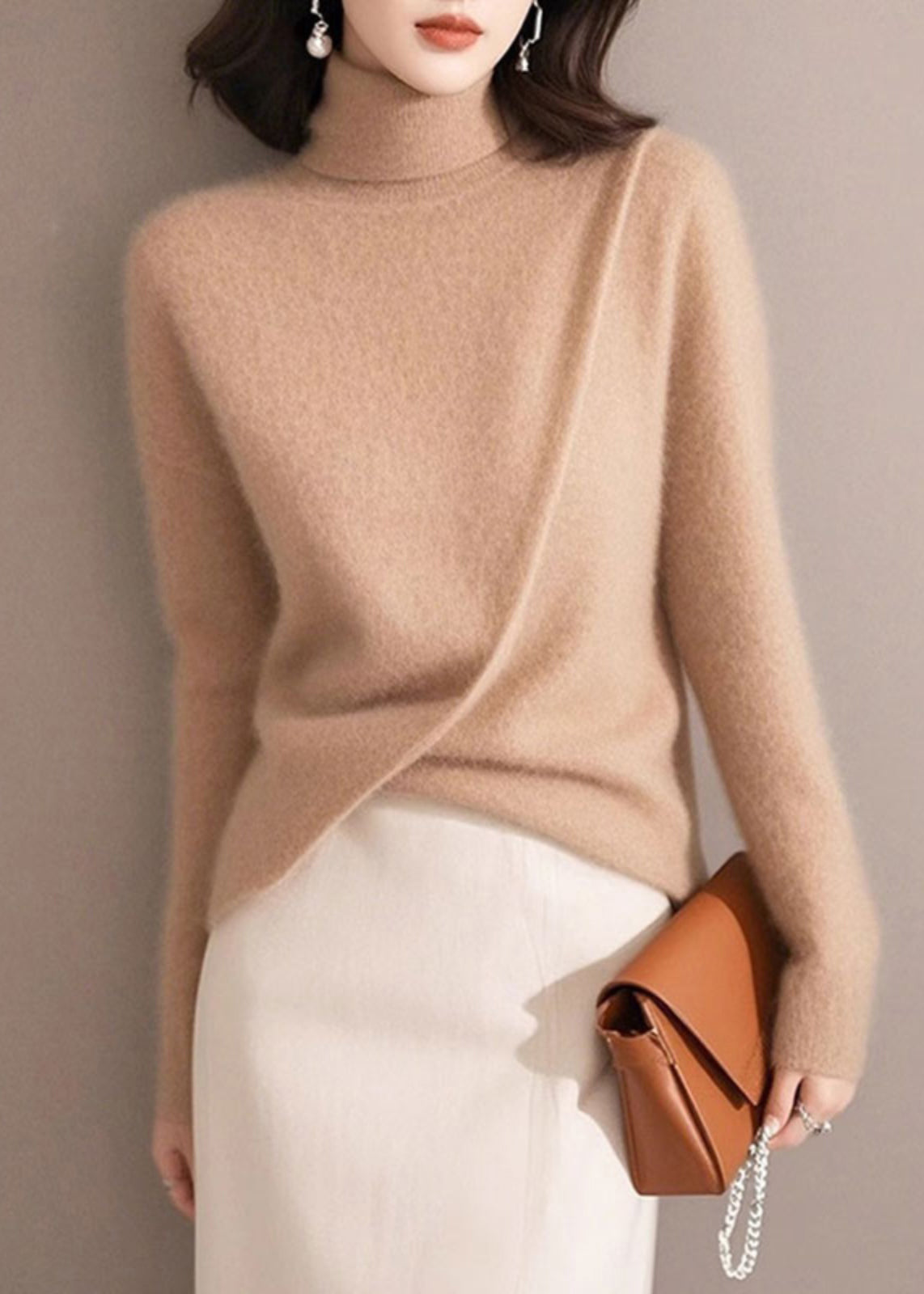 Organic Light Camel Asymmetrical Cotton Knit Sweaters Winter