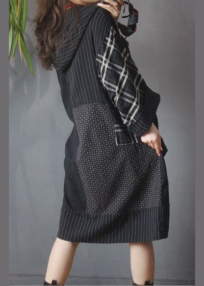 Loose Black Patchwork Cotton Dress Hooded Cotton Linen Summer Mid Dress