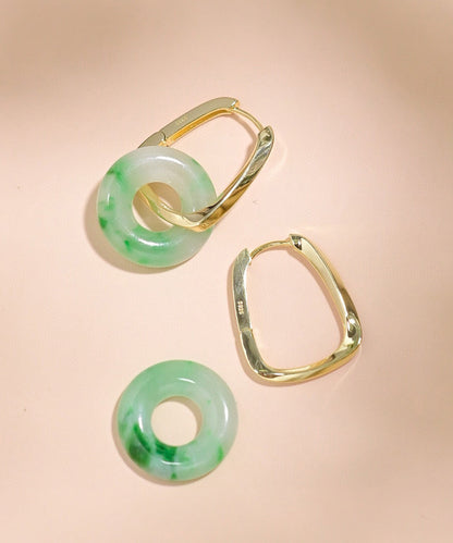 Green Sterling Silver Overgild Jade Hoop Earrings