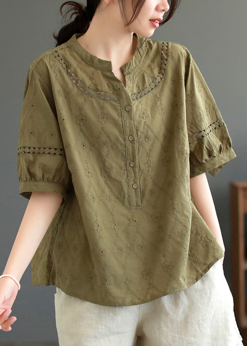 Dark Green Hollow Out Embroidered Cotton T Shirt Top