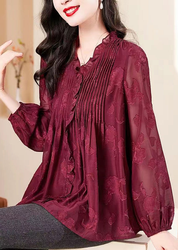 Red V Neck Ruffled Chiffon Shirt Long Sleeve