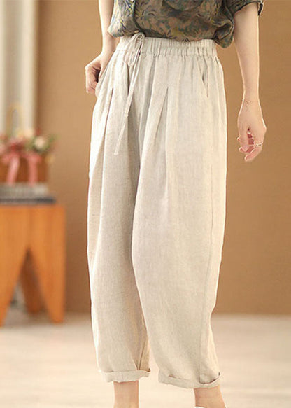 Simple Linen Color Elastic Waist Drawstring Pockets Color Linen Harem Pants Summer