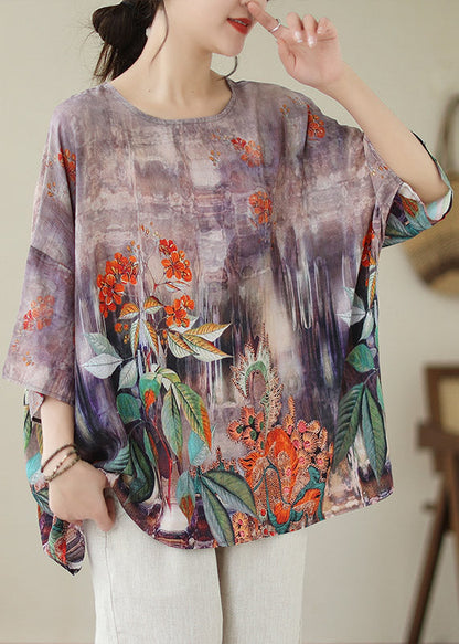 Light Purple O-neck Print Linen Top Long Sleeve