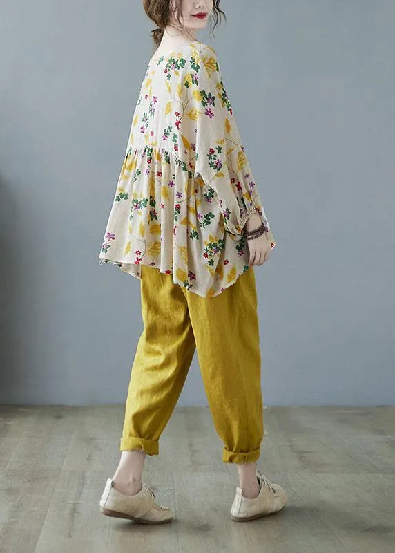 Yellow Ruffles Print Batwing Sleeve Cotton Linen Top