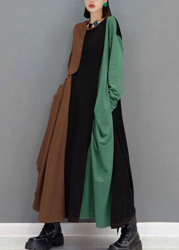 Diy Green O-neck Pockets Asymmetrical Patchwork Long Dresses Spring