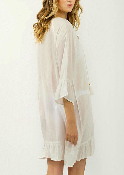 Loose White Patchwork Hollow Out Flare Sleeve Mini Dress Summer Cotton Dress
