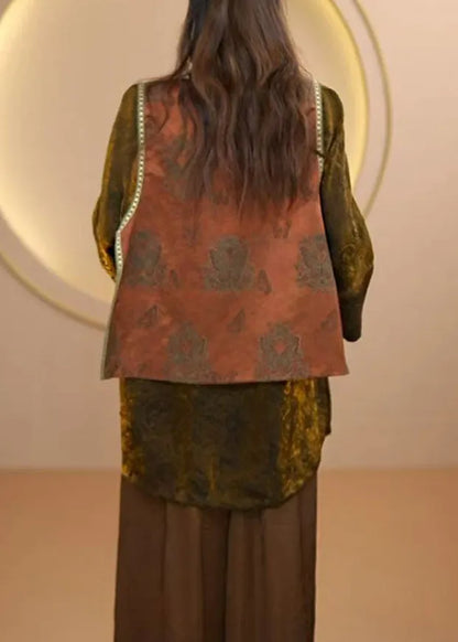 Boutique Coffee O Neck Jacquard Patchwork Silk Vest Sleeveless