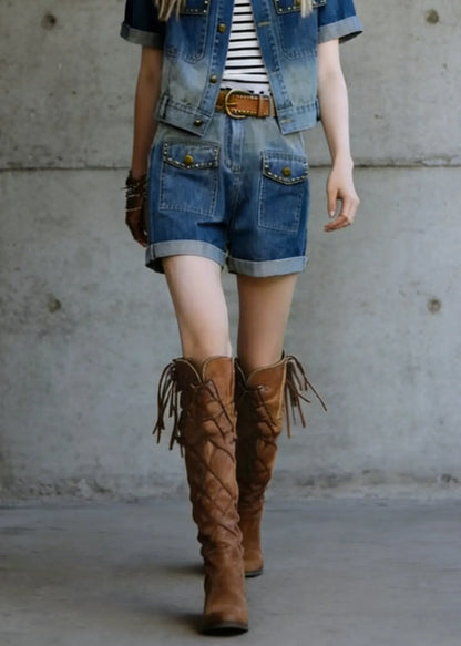 Blue Rivet Top and Shorts Denim Two Piece Suit Set Summer