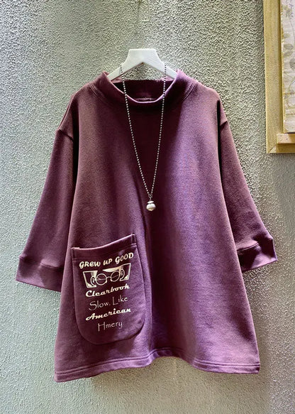 Loose Purple O-neck Graphic Pockets Sweatshirts Summer
