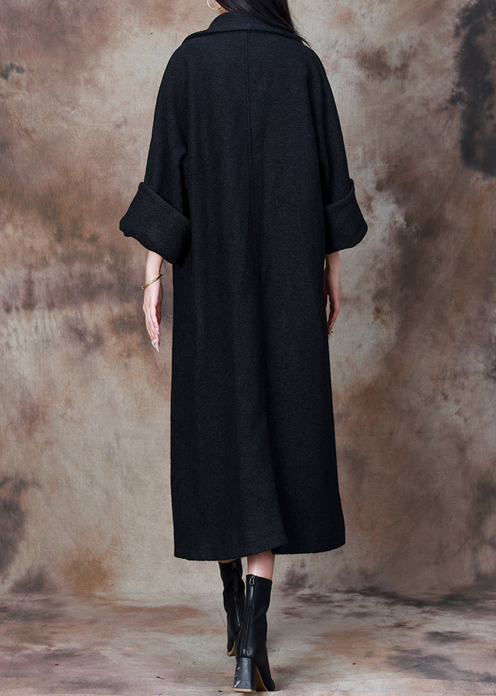 Black Loose Woolen Coats Notched Winter