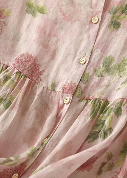 Classy Pink O Neck Print Button Cotton Blouse Bracelet Sleeve